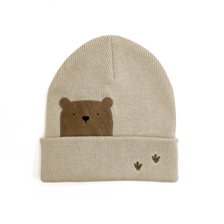 Mütze Kids Sandbeige mit Bär in Feinstrick